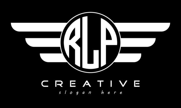 RLP three letter monogram type circle letter logo with wings vector template.