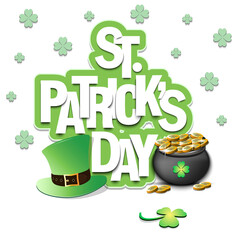 Happy St. Patrick's day. Pot with gold coins, leprechaun hat and clover. Pattern design for logo, banner, poster, greeting card, party invitation. Vector illustration on isolated background
