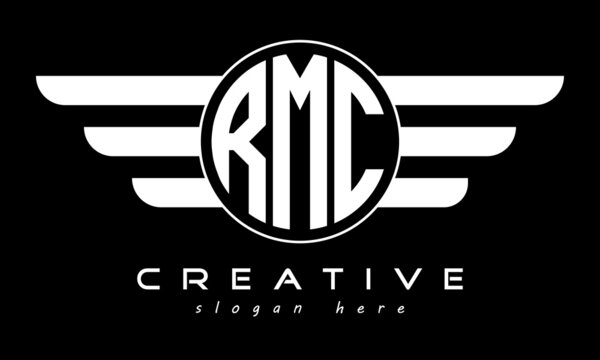 RMC three letter monogram type circle letter logo with wings vector template.