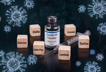 covid-19 vaccine bottle with syringe with virus 3D rendering coronavirus,  Omicron, Colombia, Epsilon, Lambda, Delta Plus.                           