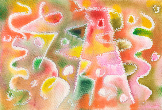 Abstract watercolor painting in pink, yellow and green tones