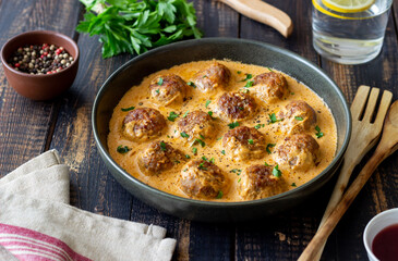 Swedish meatballs in cream sauce. Swedish cuisine. Recipe.