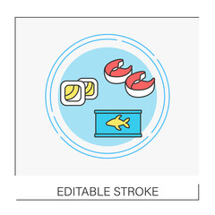  Fish products concept line icon. Ready-made food. Sushi and canned fish. Fishing industry.Vector isolated conception metaphor illustration.Editable stroke