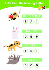 What letters are missing? Complete the words. Animals Theme Names Worksheet. Educational activity for preschool kids. Preschool Education. Vector illustration.