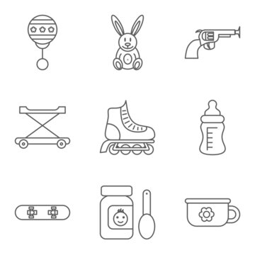Baby thin line related icon set for web and mobile applications. Set includes rattle, rabbit, gun, walker, roller skateboard, feeding bottle, food, skateboard, potty. Logo, pictogram, infographic