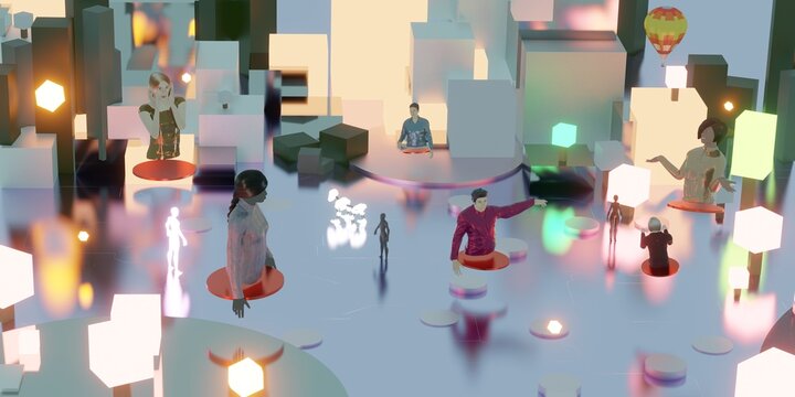 Avatars in Metaverse Party and online meetings via VR cameras in the world of Metaverse and the sandbox 3D illustration