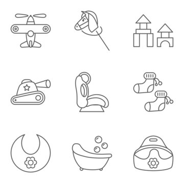 Baby thin line related icon setfor web and mobile applications. Set includes airplane, horse, building kit, tank, baby seat, socks, bib, bath, potty. Logo, pictogram, icon, infographic element
