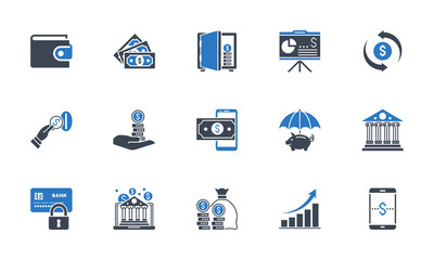 Banking icons set. Related glyph icons. Black and blue color. Isolated on white background