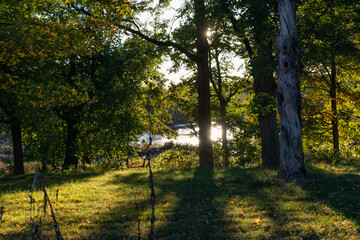 Naklejka premium Beautiful Sleepy Hollow New York Riverfront along the Hudson River during a Sunset