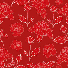 The floral textile pattern design. Great for retro fabric, wallpaper, scrapbooking projects. Red rose and light lines with red background.