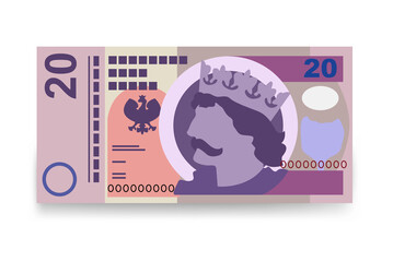 Polish Zloty Vector Illustration. Poland money set bundle banknotes. Paper money 20 PLN. Flat style. Isolated on white background. Simple minimal design.