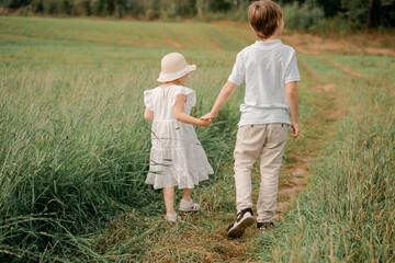 Fototapeta premium Children in casual light clothes holding hands walk across meadow in summer. International children day