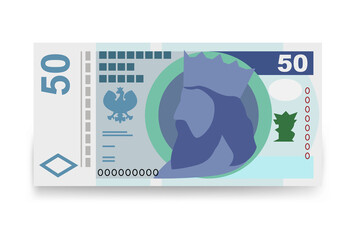 Polish Zloty Vector Illustration. Poland money set bundle banknotes. Paper money 50 PLN. Flat style. Isolated on white background. Simple minimal design.