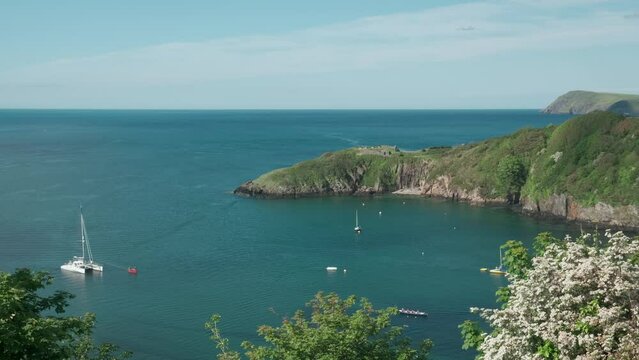 Overview looking down into the quient pleasure harbour of Lower Town Fishguard Pembrokeshire Wales