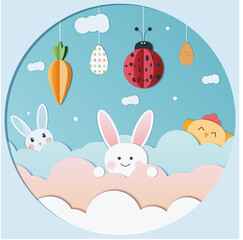Happy Easter greeting card,banner or poster in cut out effect srtyle with rabbites,chiken,carrot,eggs and ladybug.Vector illustration