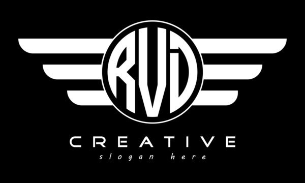 RVD three letter monogram type circle letter logo with wings vector template.