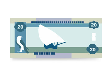 UAE Dirham Vector Illustration. United Arab Emirates money set bundle banknotes. Paper money 20 AED. Flat style. Isolated on white background. Simple minimal design.