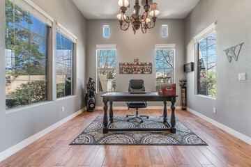 Home office with big windows
