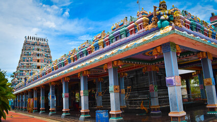 beautiful temple view of hindu mari amman temple with bluesky background - obrazy, fototapety, plakaty