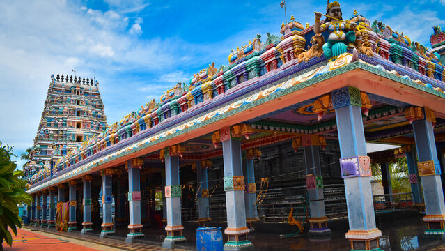 beautiful temple view of hindu mari amman temple with bluesky background