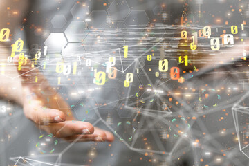 abstract lines with dots over dark background.