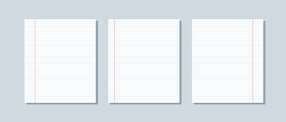 A set of lined notebook pages with red margins. Vector clipart isolated on white background.