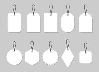 Paper price tags or labels of various shapes. Gift tags with blank white background. Designer sticker. Place for prices and discounts. Set of icons isolated on a gray background. Vector