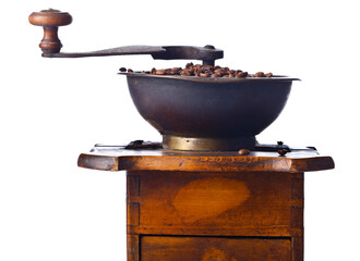  coffee grinder and roasted coffee beans isolated on white background