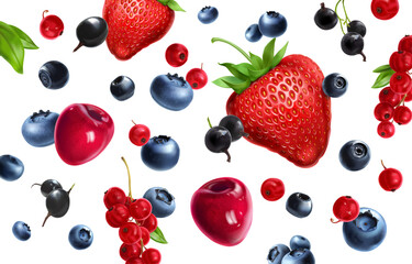 Fototapeta na wymiar Berry mix background. Fresh sweet strawberries, currants, blueberries, bog whortleberry, sweet cherries