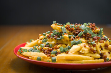 Tasty french fries, cheddar and bacon close-up