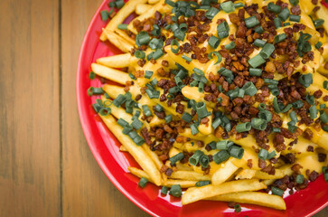 Tasty french fries, cheddar and bacon close-up
