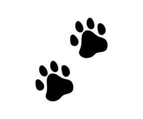 Dog footprint. Paws of a cat, puppy, pets. Silhouette of black paws isolated on white background. Cute cartoon logo. Vector