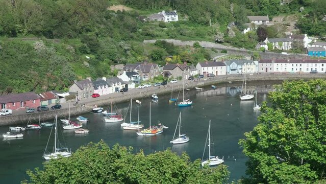 Overview looking down into the quient pleasure harbour of Lower Town Fishguard Pembrokeshire Wales