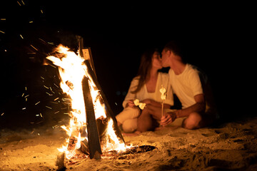 A young couple on the sea beach sits by the fire and toasts marshmallows on a stick. Romantic date by the fire. Marshmallow barbecue. Tourism and travel concept soft focus.