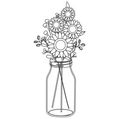Sunflower in jar or vase in outline vector style. Illustration about flower, floral, botanical theme.
