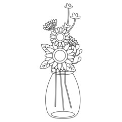 Sunflower in jar or vase in outline vector style. Illustration about flower, floral, botanical theme.