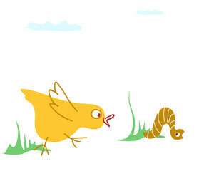 The yellow chicken runs after the worm. Vector hand-drawn illustration on a white background for postcards and decor