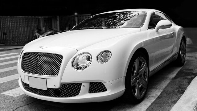 PATTAYA, THAILAND - 08.01.2019: British luxury car Bentley Continental GT at the city street. Black and white