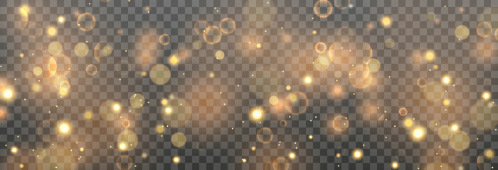 Sparkling golden particles, glowing bokeh lights isolated on transparent background. Light effect png, blurred bokeh. Magic glow concept. Abstract background with bokeh effect. Vector illustration.