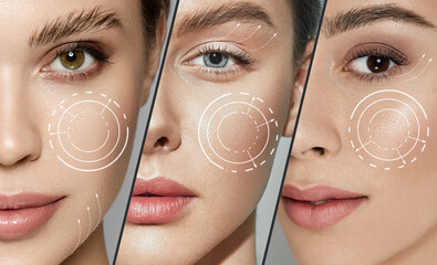 Skincare and rejuvenation concept. Set of different female faces with anti-aging lines on facial...