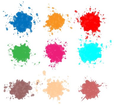 Splash of colored paints. Ink blot painted with a watercolor brush. Color splashes, liquid. Grunge texture. Watercolor blots isolated on white background. Vector