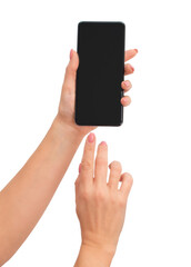 Female hands holding modern cellphone isolated on white background. Close up of woman hands using smart phone. Empty smartphone black screen.