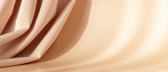 Abstract 3d studio with draping silk fabric and shadow on cream beige pastel monochrome background...