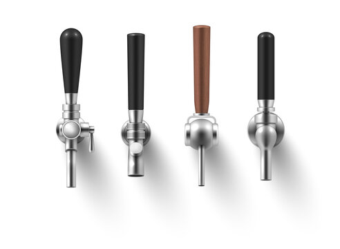 Collection realistic beer taps with brown and black handles different shape vector illustration