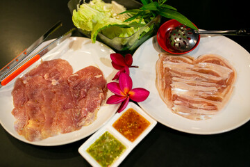 Pork, meat or seafood and vegetables on the hot pan, Korean Barbecue in Thai style.  Moo-Kata.