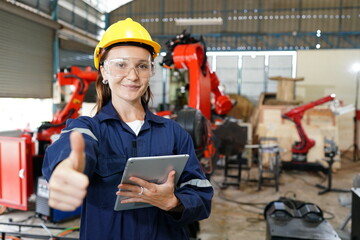 Professional young industrial factory woman employee working with machine parts, checking and...