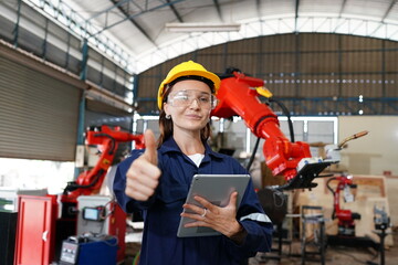 Professional young industrial factory woman employee working with machine parts, checking and...