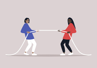 Tug of war, two female characters pulling a rope in opposite directions