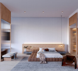 3d rendering,3d illustration, Interior Scene and  Mockup,Bedroom bed upholstered in dark brown patterned leather, brown armchair, glass partition wall, wood grain border.