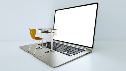 Digital classroom concept for online education. modern classroom desk on the laptops keyboard. 3D rendering